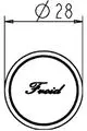 Runde Abdeckung mit der Schrift "Froid". Das Produkt ist für eine Wasserinstallation von Ideal Standard konzipiert und hat einen Ø von 28 mm.